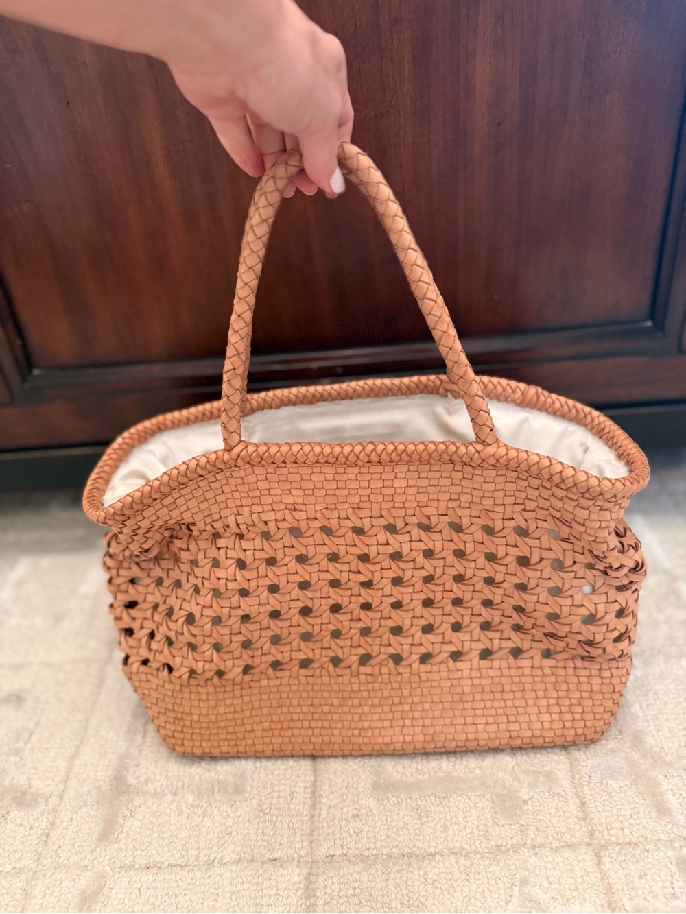Woven Leather Tote Bag in Tan - Lightweight Summer Carryall by Village Thrive - Picture 3 of 6